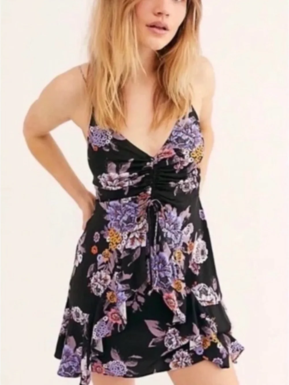 Free People Floral V-Neck Mini Dress in Black and Lavender